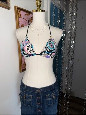 Vintage Y2K OP Colorful Swirl Print Triangle Bikini Top - Pastel Multi